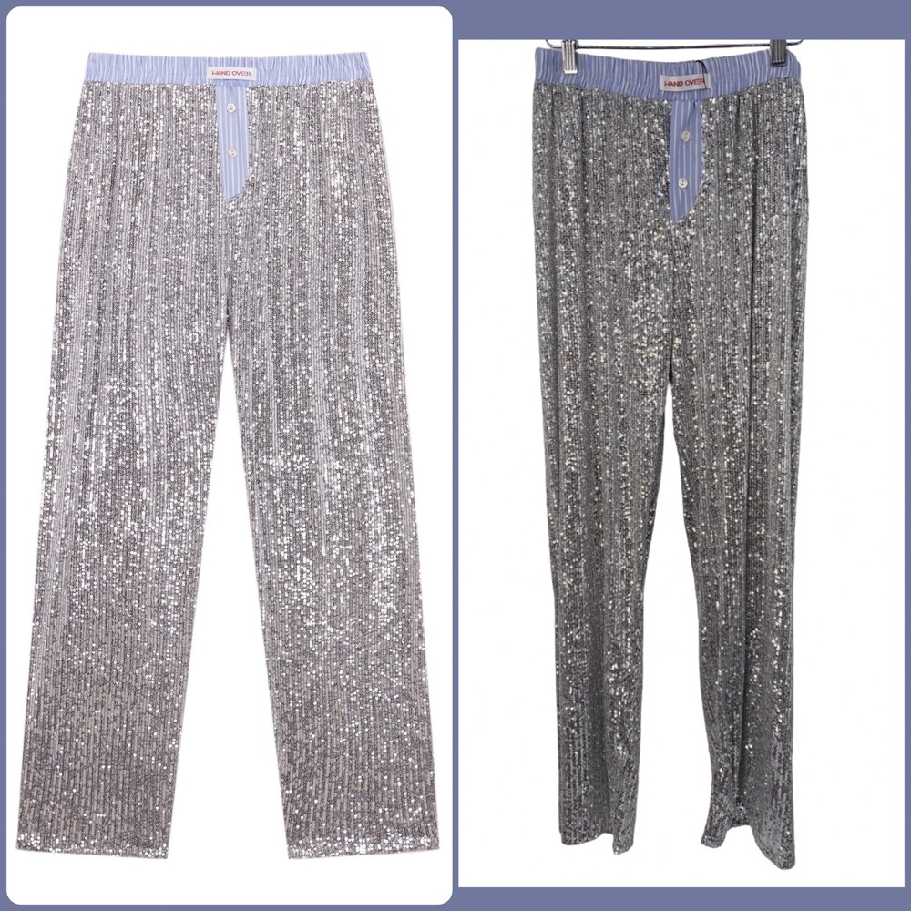 NEW Hand Over Ex-Boyfriend Jack Long Silver Sequin Pants Striped Waistband SZ SM